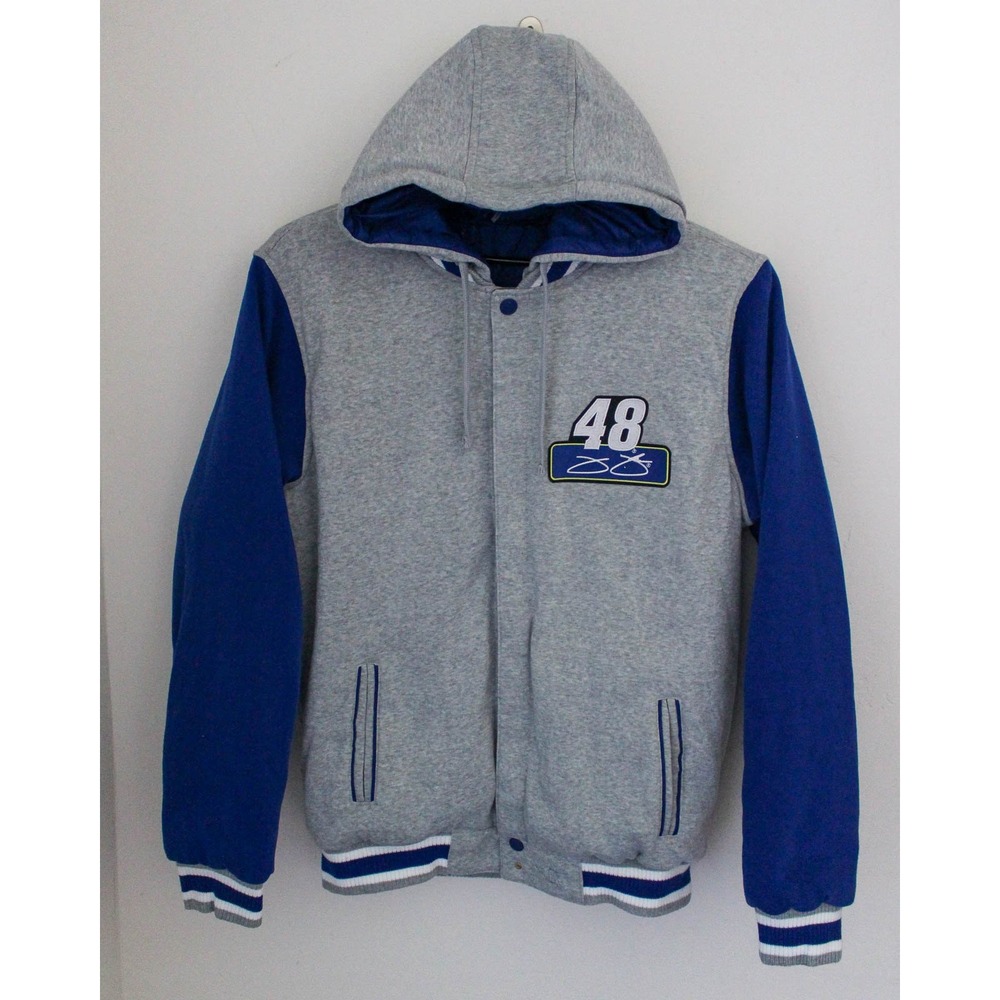 Jimmie Johnson Hooded Jacket Mens Large Blue Grey Reversible Nascar Pockets 48